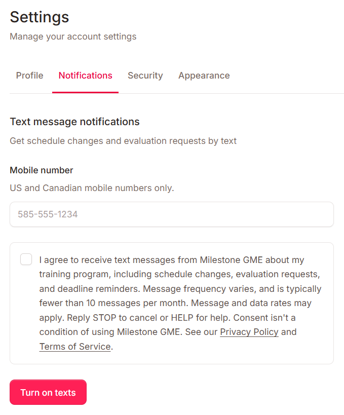 The Text message notifications section of a Milestone GME account settings page, showing an empty mobile number field, an unchecked consent checkbox, and a Turn on texts button.
